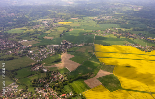 Aerial view of villages and fields in Europe.