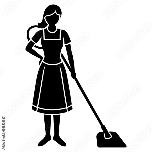 Female housekeeper with vacuum cleaner silhouette