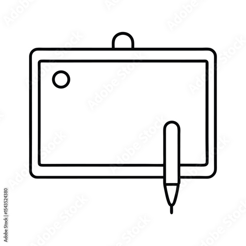 Minimalist vector illustration of a digital drawing tablet with stylus outline icon design