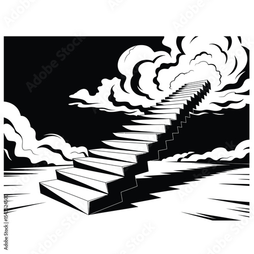 Surreal black and white vector dreamscape with an endless staircase ascending into swirling clouds