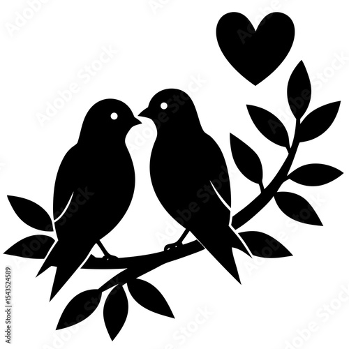 Love birds sitting on branch silhouette