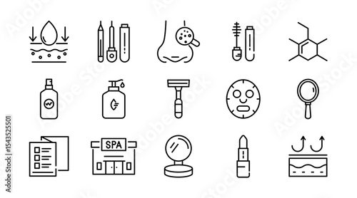 Care Products linear icon set. Personal care products, dermatology, collagen, cream, sunscreen, hair care, lip, cosmetic, product, facial, salon, clean outline vector icon set. UI thin line icon pack.