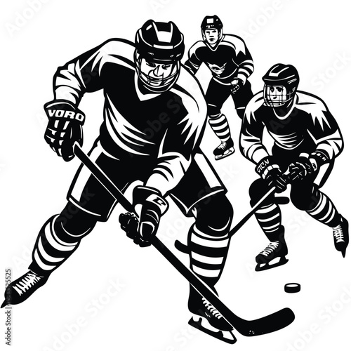 Ice hockey players in action, a dynamic vector illustration of a team sport competition with athletes aiming for the goal