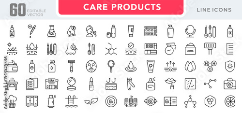 Care Products linear icon set. Personal care products, dermatology, collagen, cream, sunscreen, hair care, lip, cosmetic, product, facial, salon, clean outline vector icon set. UI thin line icon pack.