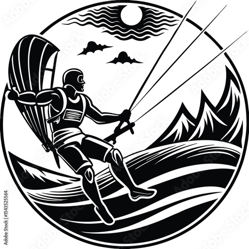 A fun cartoon vector illustration of a pirate ship silhouette on the sea with people surfing and fishing