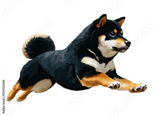 Black and Tan Shiba Inu in Leap: A vibrant black and tan Shiba Inu dog leaps gracefully, showcasing its muscular build and alert expression.  Its fur gleams in the light.