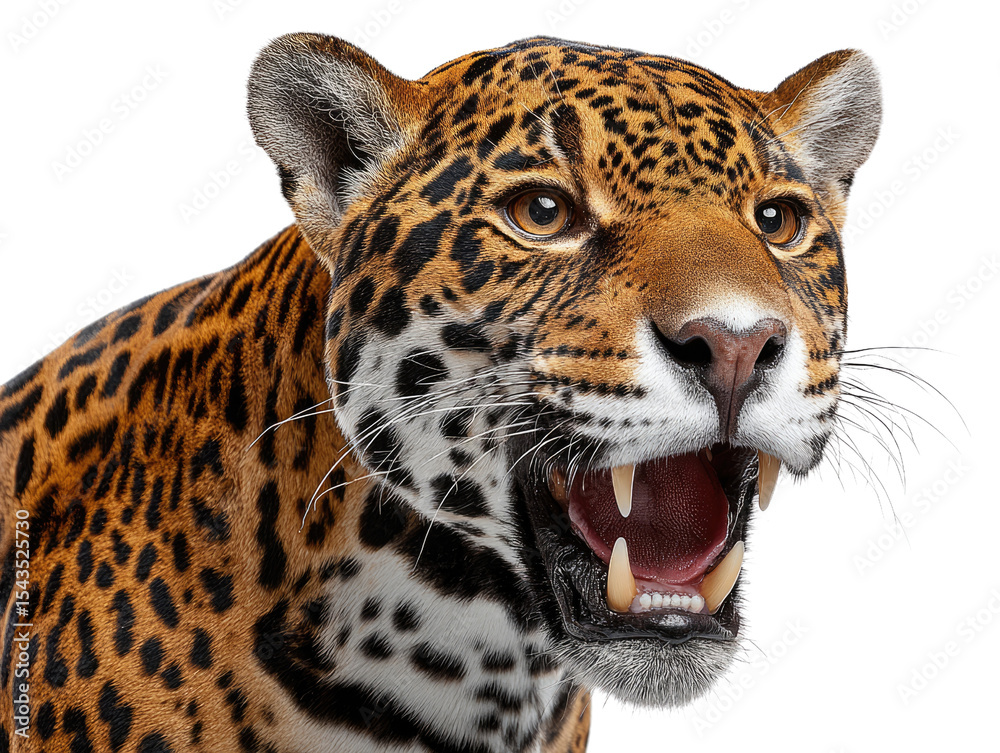 Obraz premium Majestic Jaguar in Focus: A striking portrait of a powerful jaguar, showcasing its mesmerizing spotted coat, intense gaze, and bared fangs.