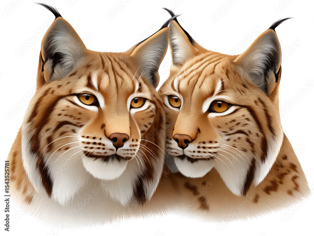 Obraz premium Lynx Duo: A striking portrayal of two lynx, their piercing eyes and distinctive tufted ears draw you into their world, an illustration emphasizing the untamed allure of the wild.