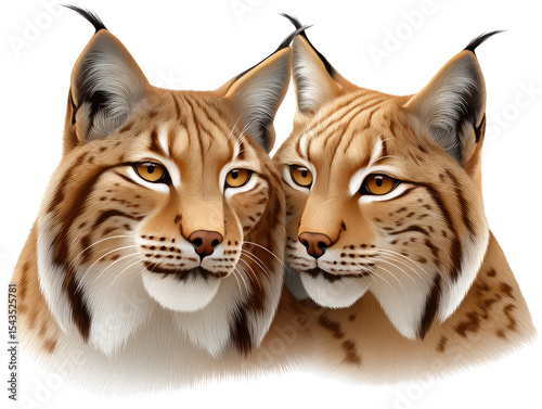 Lynx Duo: A striking portrayal of two lynx, their piercing eyes and distinctive tufted ears draw you into their world, an illustration emphasizing the untamed allure of the wild.