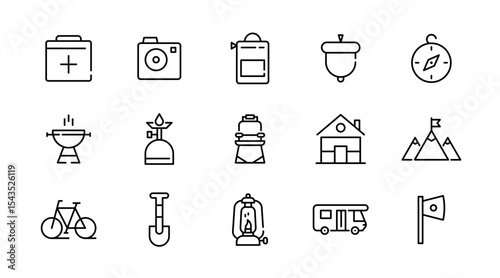 Camping linear icon set. Adventure, tourism, hiking, bonfire, backpack, tent, travel, landscape, climbing, kayak, map, camp, forest, outdoor websites outline vector icon set. UI thin line icon pack.