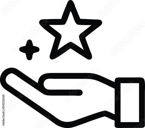 Hand Holding Shining Star Icon: Minimalist Line Art Illustration of Achievement, Reward, Recognition, Quality, Success, Feedback, and Positive Ratings.