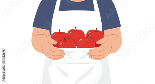 Person in apron holding red apples with smile on white background and copy space