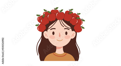 Girl with apple crown smiling on white background and copy space
