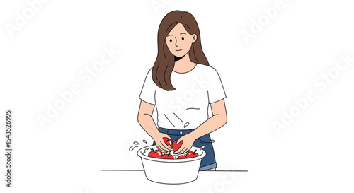 Woman washing apples in bowl with smile on white background and copy space