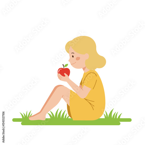 Girl sitting on grass holding apple and smiling on white background with copy space