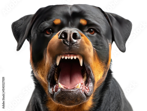 Aggressive Rottweiler: A close-up portrait of a Rottweiler dog with its mouth open, revealing sharp teeth, expressing aggression.