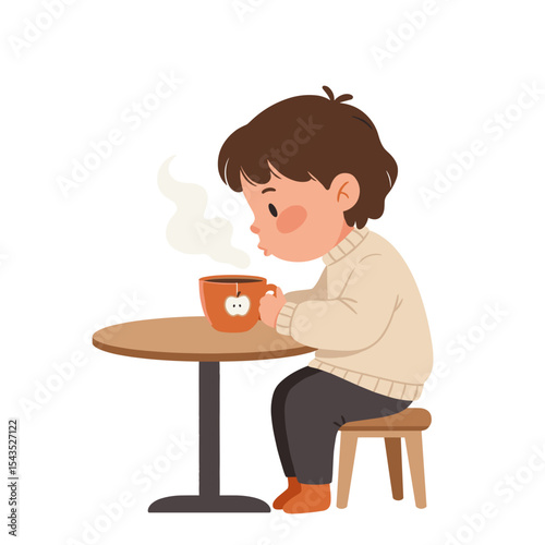 Little boy enjoying warm drink in cozy sweater sitting at table, transparent background, copy space
