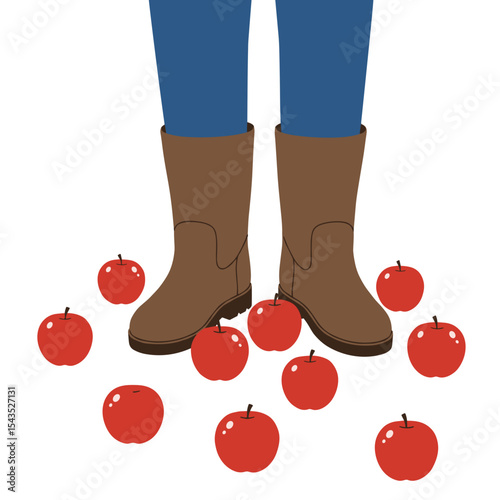 Person in brown boots standing among red apples on transparent background, copy space