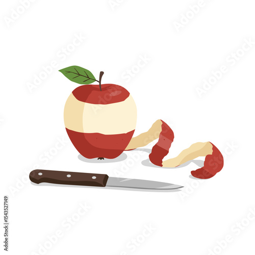 Peeled red apple with knife and skin on white background with copy space