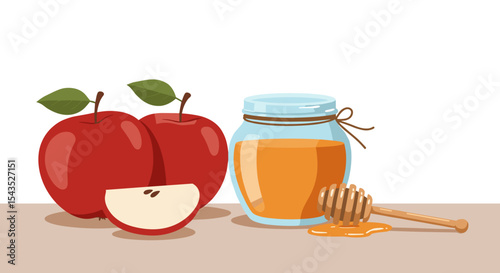 Apples and honey in jar on wooden table with copy space