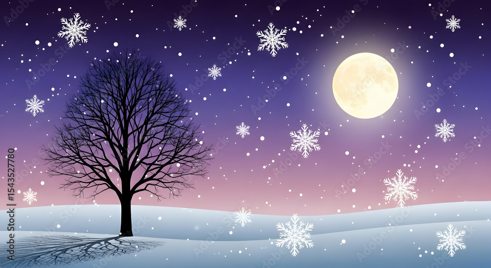 Fototapeta premium Winter Night Scene with Tree, Snowflakes and Moon