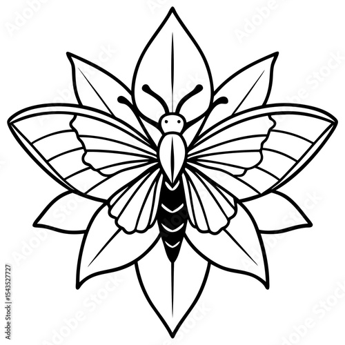 Moth Hovering Near Flower Petals – Light Symmetrical Line Design
