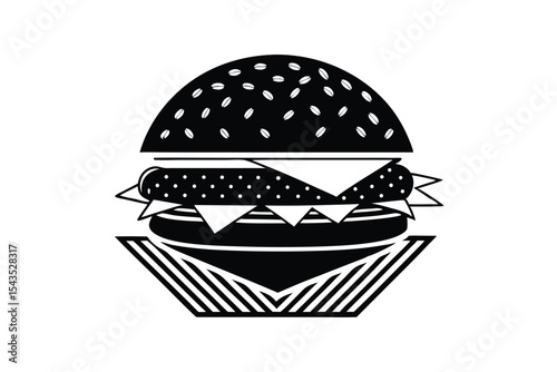 Monochrome Burger Illustration: A striking black and white drawing of a classic hamburger with sesame seeds, cheese, lettuce, and a striped base; ideal for minimalist designs.