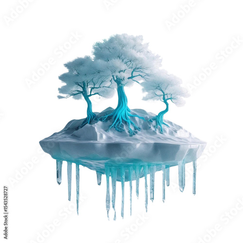 Floating island with winter trees and icicles surreal landscape fantasy art concept design illustration