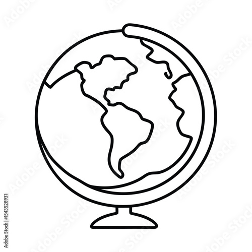 Simple outline drawing of a globe showing continents and the world isolated on a white background