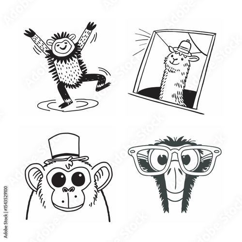 line art of funny animal bundle on the white background