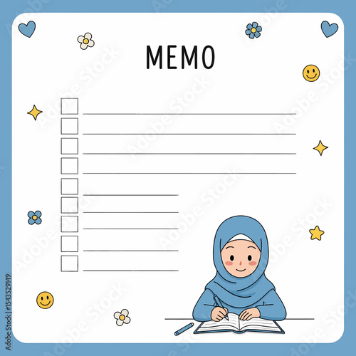 Adobe illustrator artwork vector illustration of a cute memo template featuring a girl in hijab writing, perfect for notes, to-do lists, and reminders