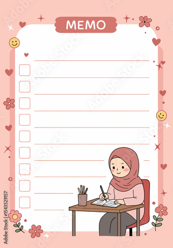 Adobe illustrator artwork vector illustration of a cute memo template featuring a girl in hijab writing, perfect for notes, to-do lists, and reminders