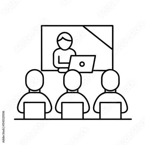 Simple outline illustration of online meeting webinar training or remote work concept in black and white