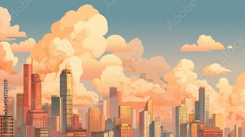 Dreamy Cityscape Warm Light on Modern Skyscrapers and Cloudscape.