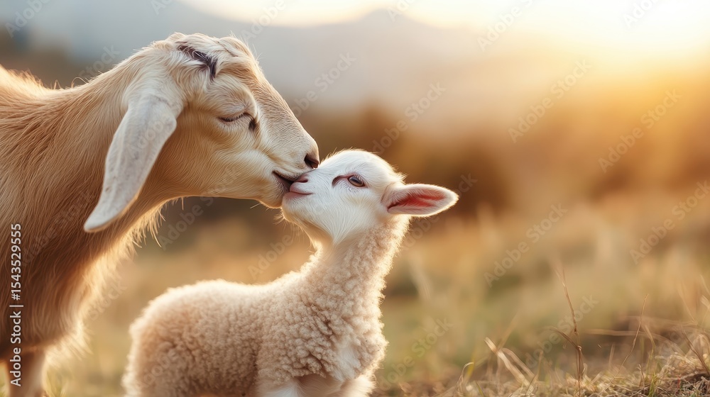 Obraz premium A tender moment captured with a mother goat and her baby lamb sharing a kiss in a serene countryside setting, symbolizing love and the bond of family in nature.