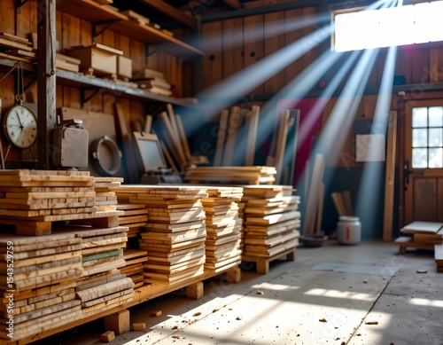 capture a carpentry workshop with stacks of illuminated wood planks, at the bottom under a sunbeam, with glimmering silver tones, ample copy space at the top for photo use.