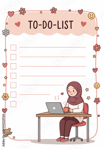 Adobe illustrator artwork vector illustration of a charming "To-Do List" template featuring a girl in hijab working on a laptop, perfect for organizing tasks and staying productive