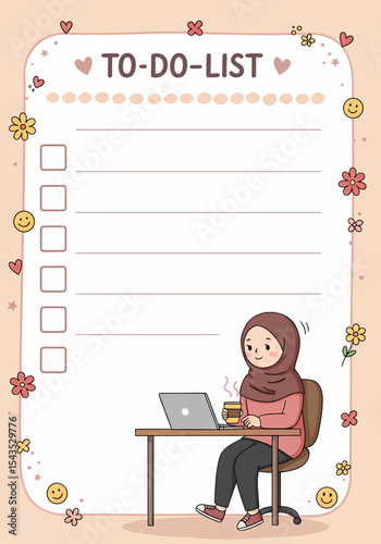 Adobe illustrator artwork vector illustration of a charming "To-Do List" template featuring a girl in hijab working on a laptop, perfect for organizing tasks and staying productive