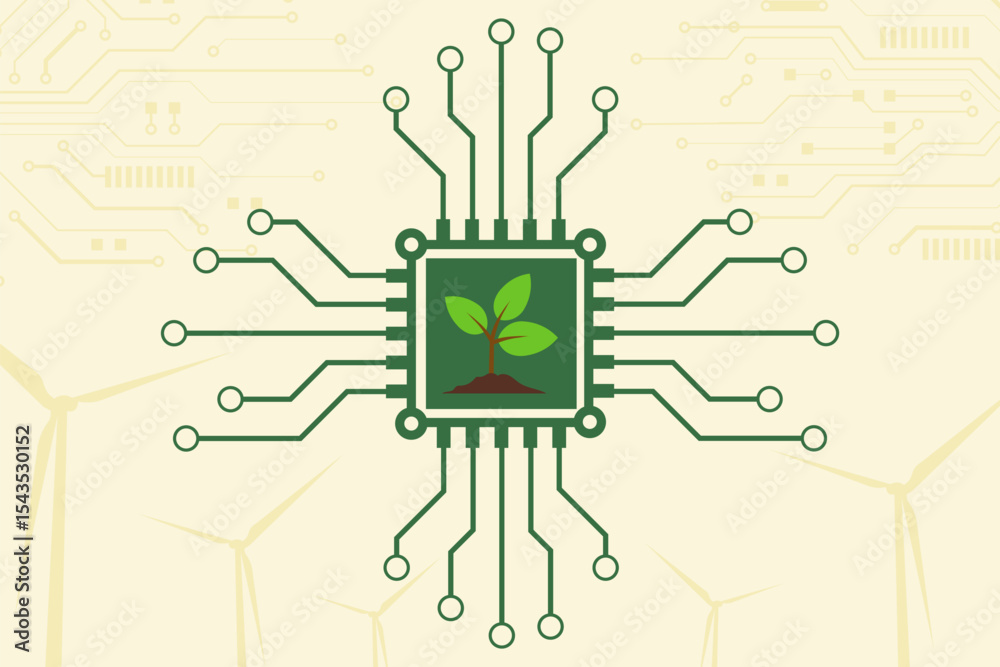 Fototapeta premium Green processor chip with leaf technology concept