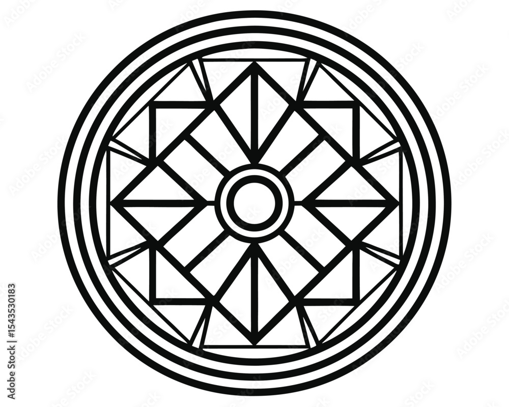 Obraz premium Geometric Mandala: Circular Vector Illustration with Repeating Triangular and Rectangular Patterns in Black and White for Design, Decoration, and Creative Projects