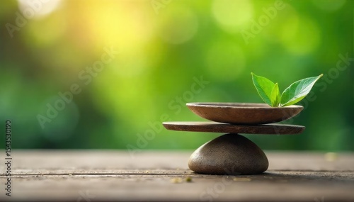 A serene scene depicting a weight scale perfectly balanced, symbolizing equilibrium and inner peace Perfect for concepts of mindfulness, well-being, and mental health , peace, serenity