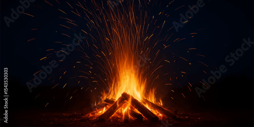 Burning orange flames of a warm campfire blaze in the dark night