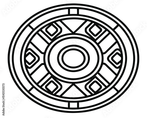 Geometric Circle Ornament: Intricate Black and White Round Pattern with Concentric Circles and Diamond Shapes, for Decoration or Design Element       
