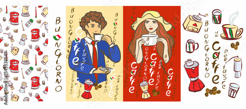Italian man in blue suit drinking espresso, girl in red dress holding cappuccino. Coffee machine, grinder, Turkish coffee, milk frother, filter coffee, French press.Hand drawn vector clip art, cards.