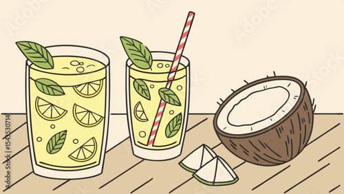 Fresh, cold, and healthy coconut milk cocktail with a cola drink illustration, perfect for a summer beverage
