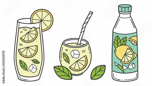 Cold summer lemonade drink with fresh lemon and a leaf illustration