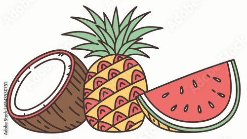A sweet, fresh illustration of pineapple and watermelon, with juicy red strawberries, perfect for a healthy summer dessert