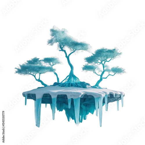 Floating island with winter trees and icicles fantasy landscape digital art illustration concept art design