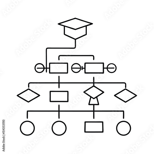 Vector graphic illustration depicting hierarchical organization chart with academic graduation cap icon.