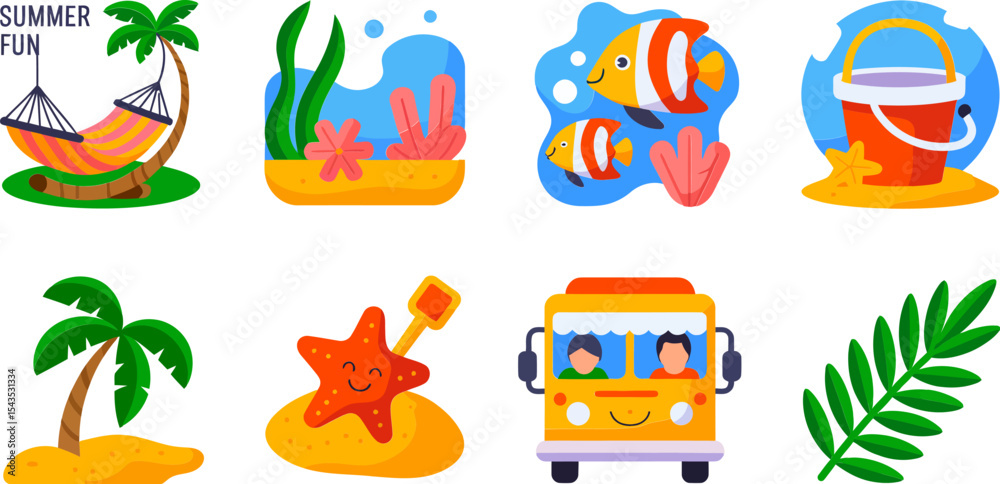 Fototapeta premium Colorful beach and underwater themed icon pack with turtle starfish van coral fish and sea plants illustration 